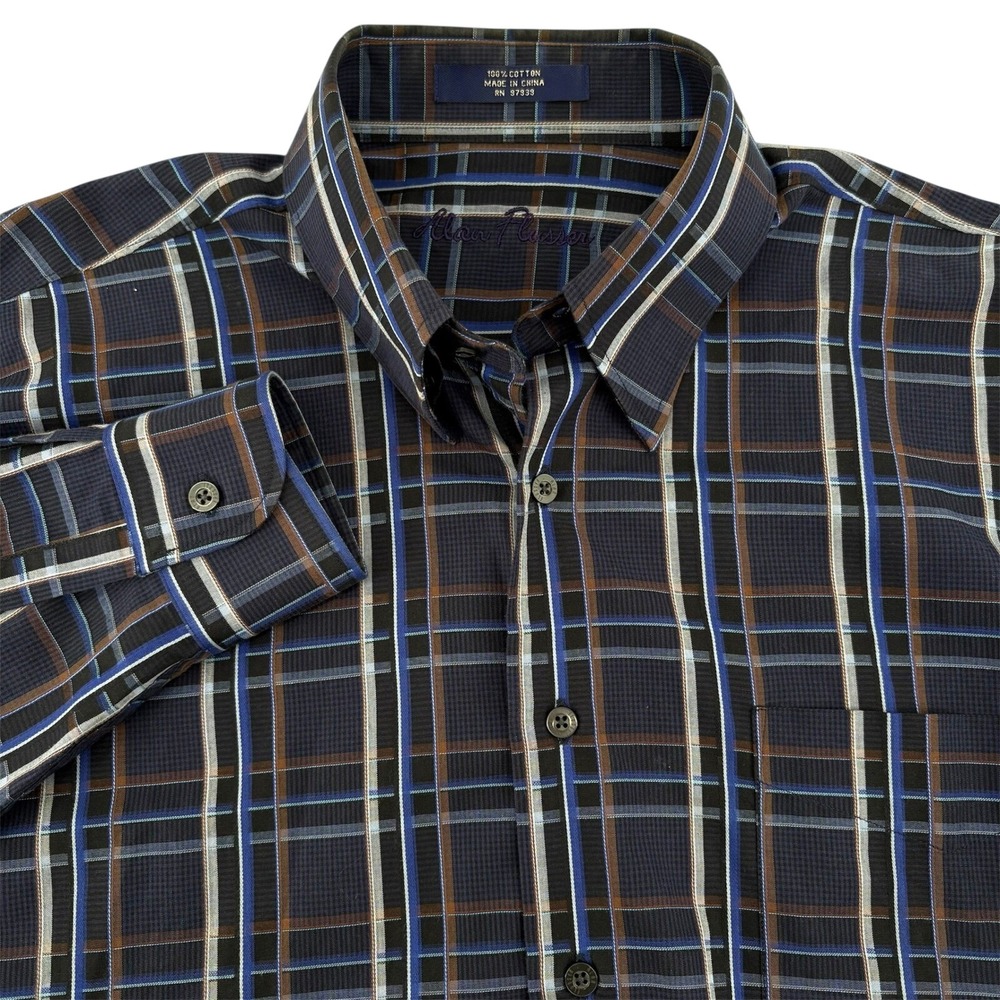 Alan Flusser Mens Large Plaid‎ Button Down Shirt Navy Blue Brown 100% Cotton L
